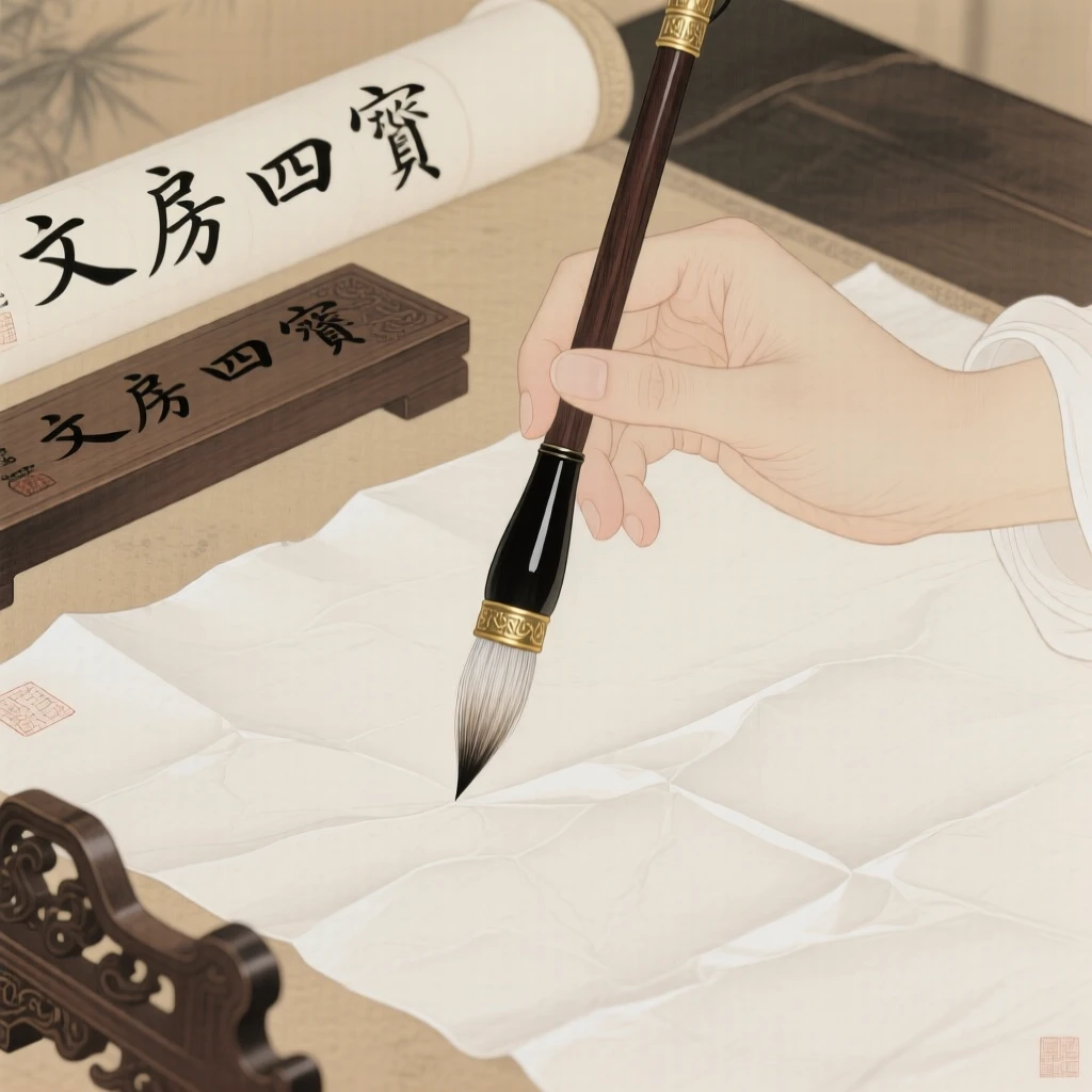 A calligrapher's brush poised above fresh rice paper