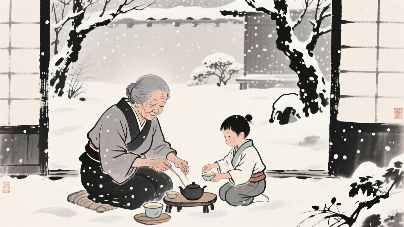 A grandmother and grandchild preparing tea in a quiet courtyard in a quiet garden beneath falling snow, captured mid-gesture in a candid, natural moment, conveying quiet devotion and simple contentment.