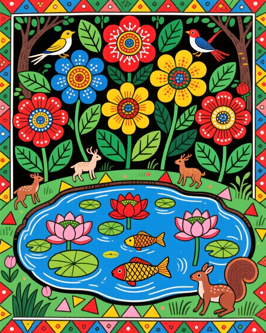 A cluster of blooming flowers framing a quiet forest pond.