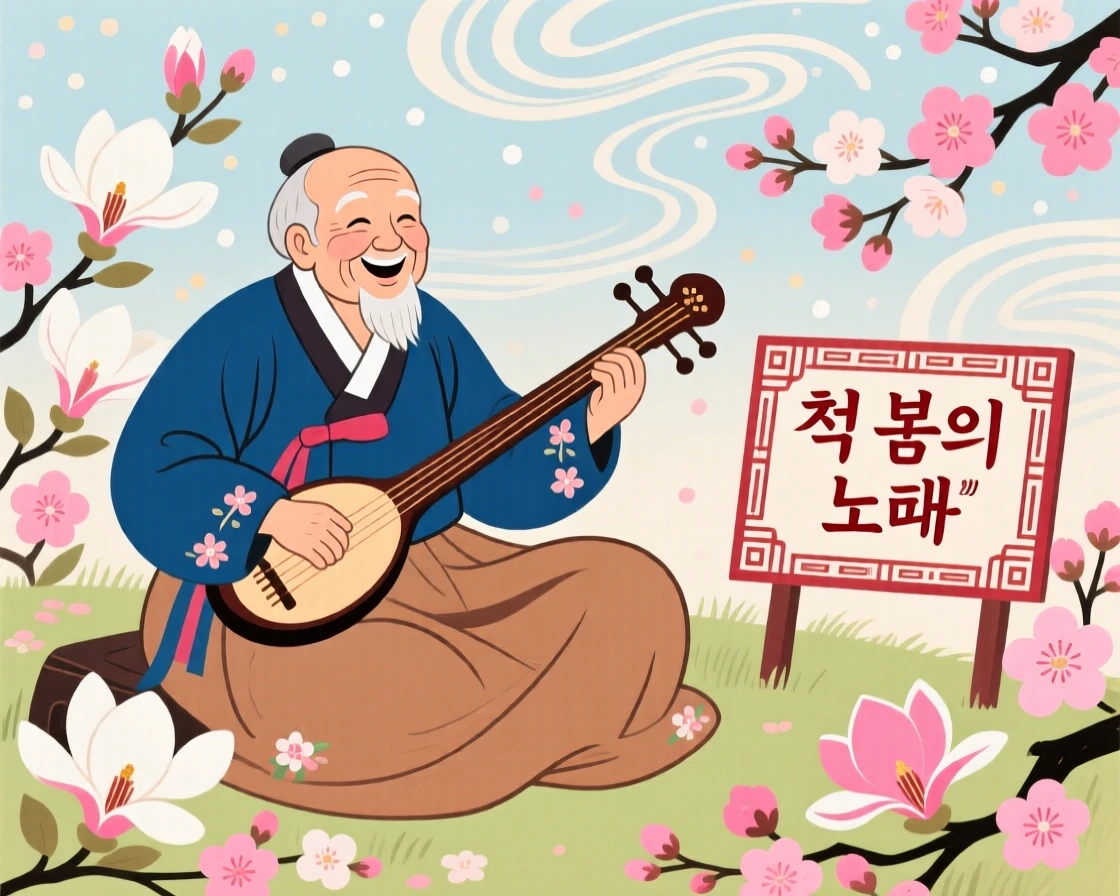 An elderly man playing a traditional string instrument, during the first spring bloom.