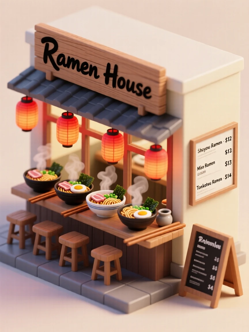 A busy noodle shop with steam rising from bowls of ramen, chopsticks resting on the counter, and lanterns glowing warmly overhead.