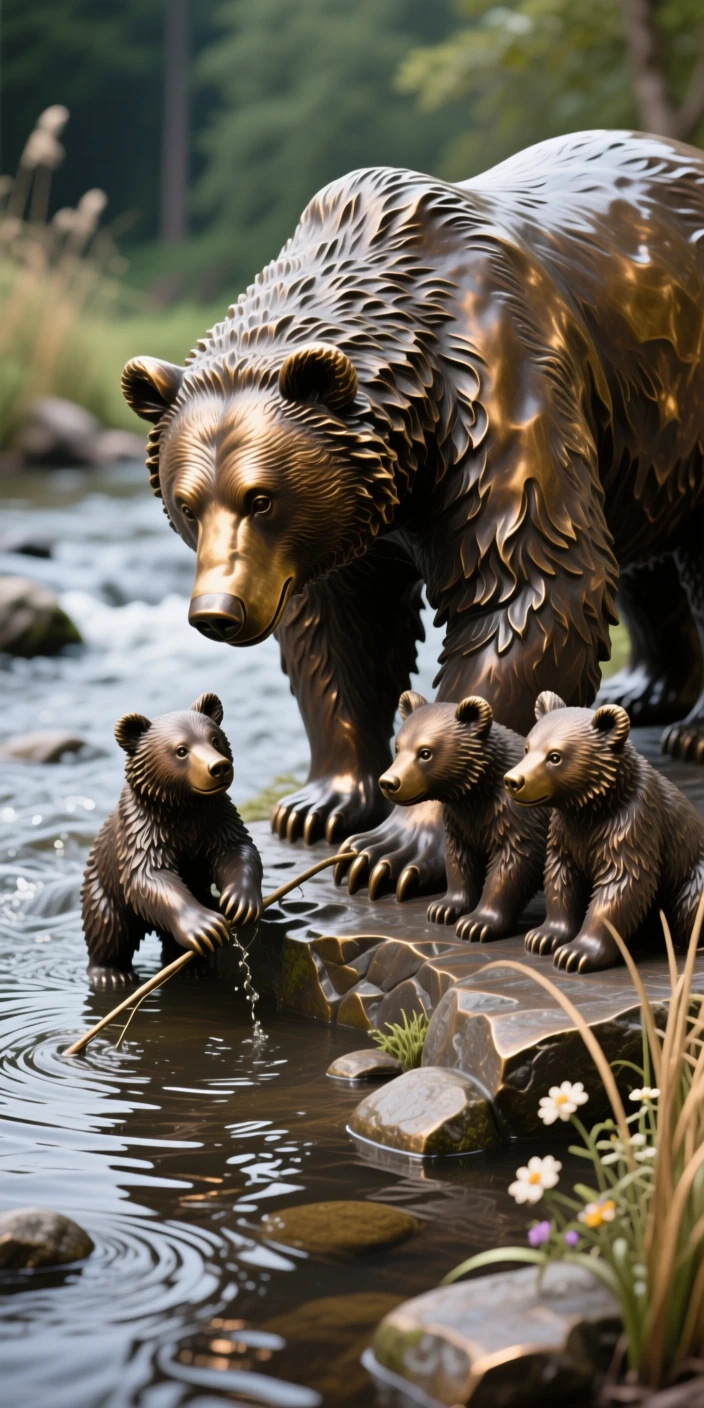 A mother bear teaching her cubs to fish, set against a breathtaking natural backdrop, evoking wonder and majesty