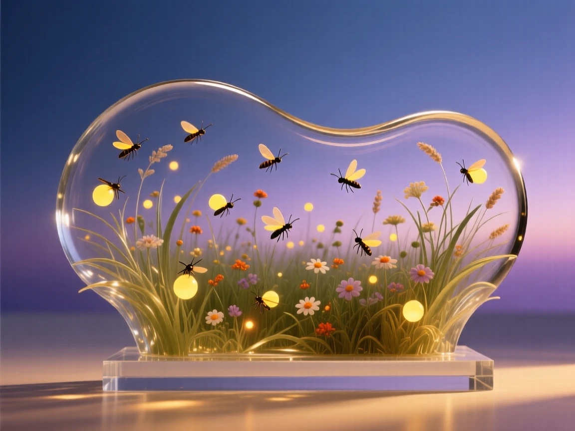A meadow filled with fireflies at twilight, captured in soft golden light with layers of atmospheric depth, evoking peace and quiet grandeur.
