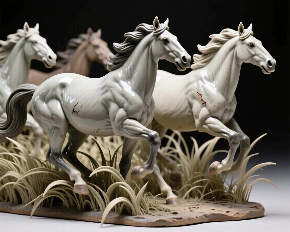 A herd of wild horses galloping bounding joyfully through tall grass, its ears tilted forward in attention, capturing a fleeting moment of untamed grace.