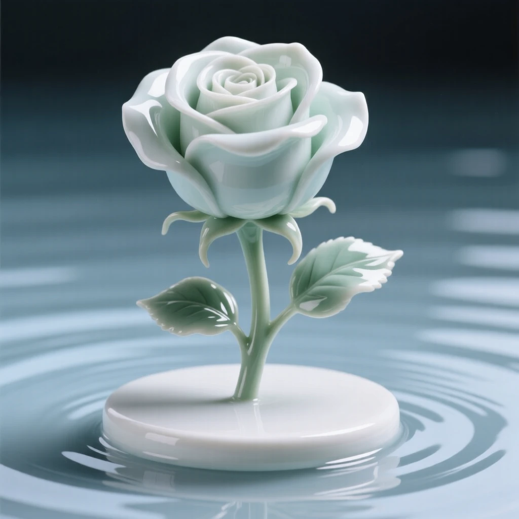 A single rose floating on still water, every petal rendered in exquisite detail.
