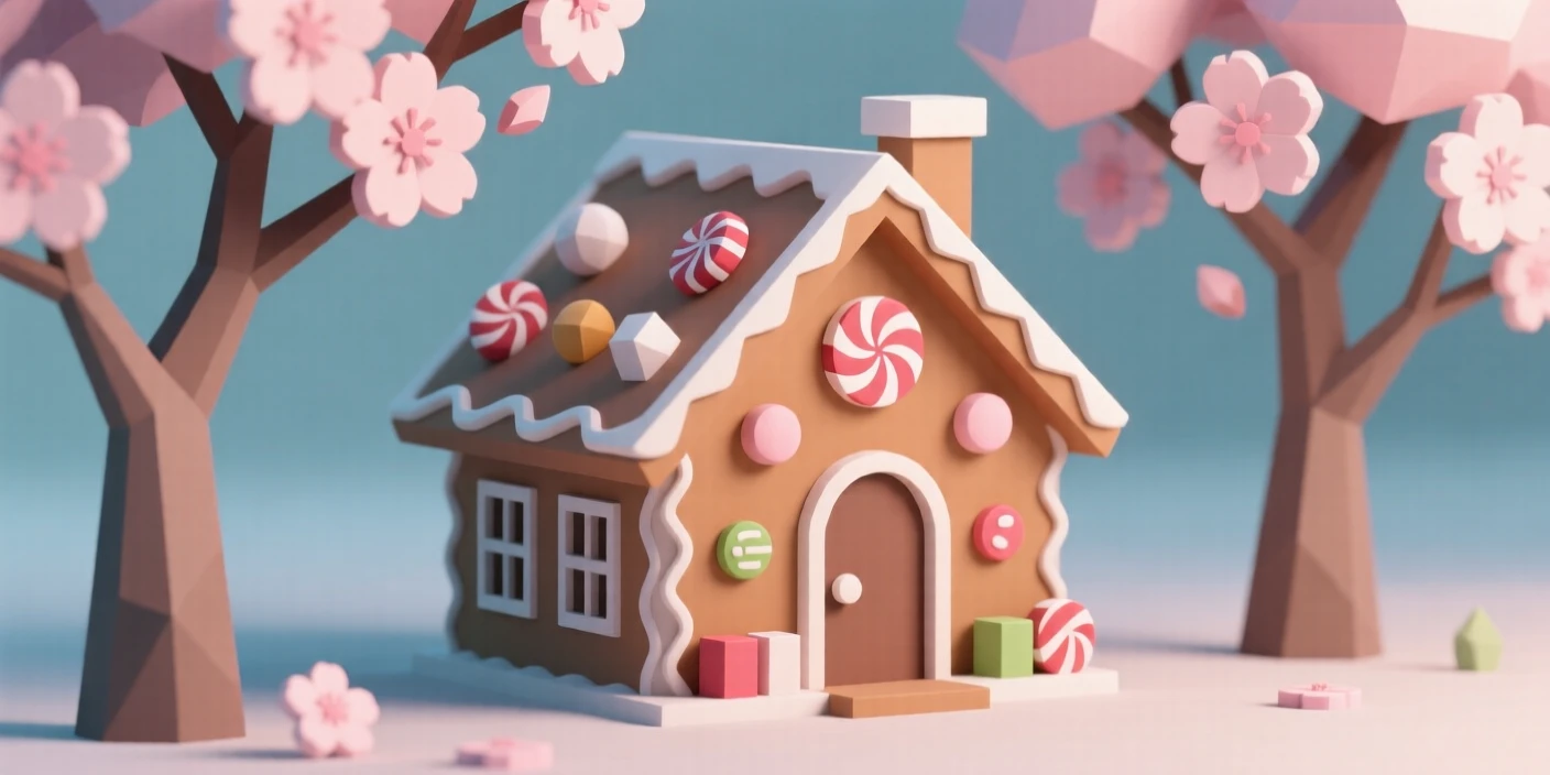 A festive gingerbread house covered in colorful candy, beneath blooming cherry blossoms. soft light and gentle shadows add depth to the scene. It captures a moment of pure celebration.