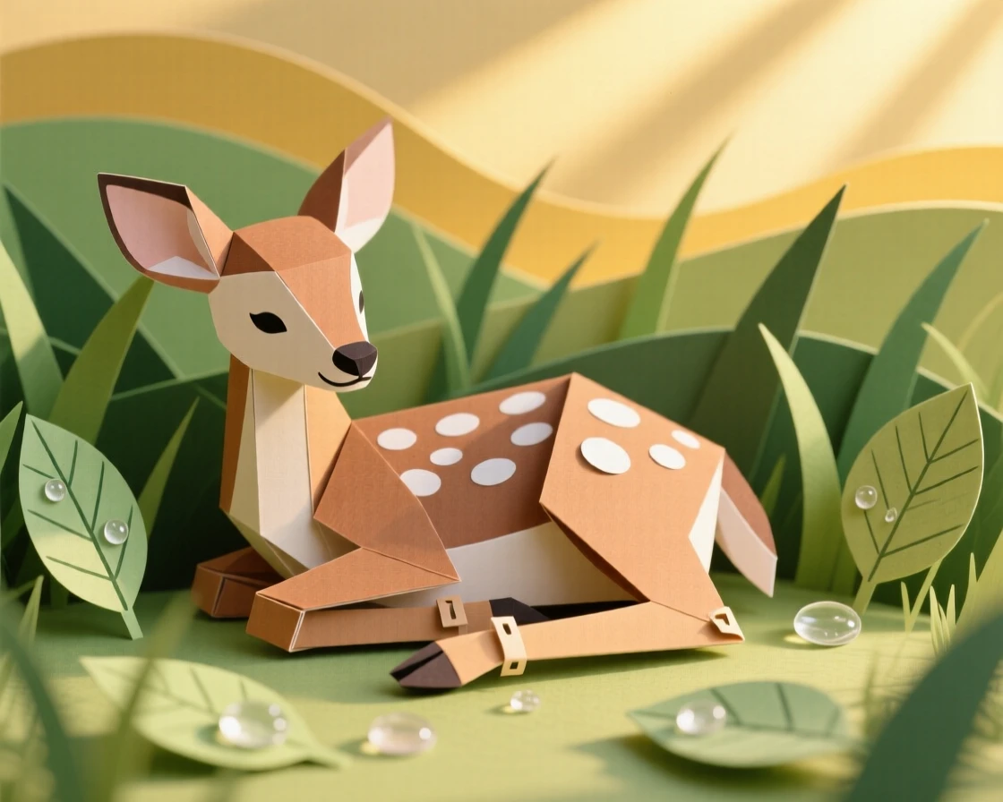 A spotted fawn resting in a sunlit meadow, with dew glistening on nearby leaves, evoking cozy, heartwarming charm.