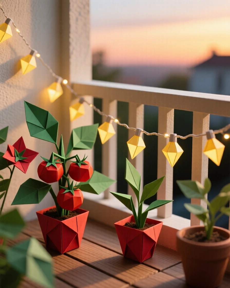 A quiet balcony garden with string lights and small potted tomato plants at dusk.