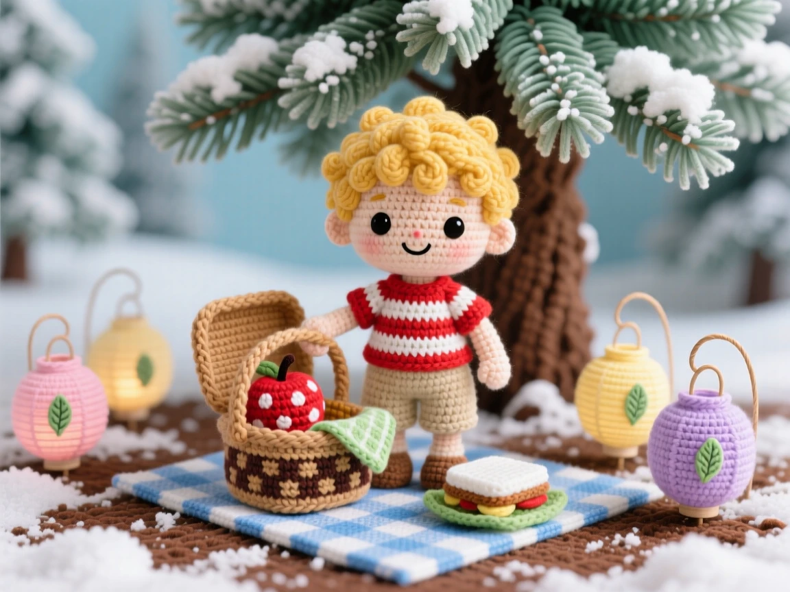 a small boy with a picnic basket for a summer outing, wearing a striped shirt, is shown spreading a blanket under a shady tree in a frosty pine forest dusted with fresh snow beside a cluster of paper lanterns swaying gently, capturing cozy holiday warmth and togetherness.