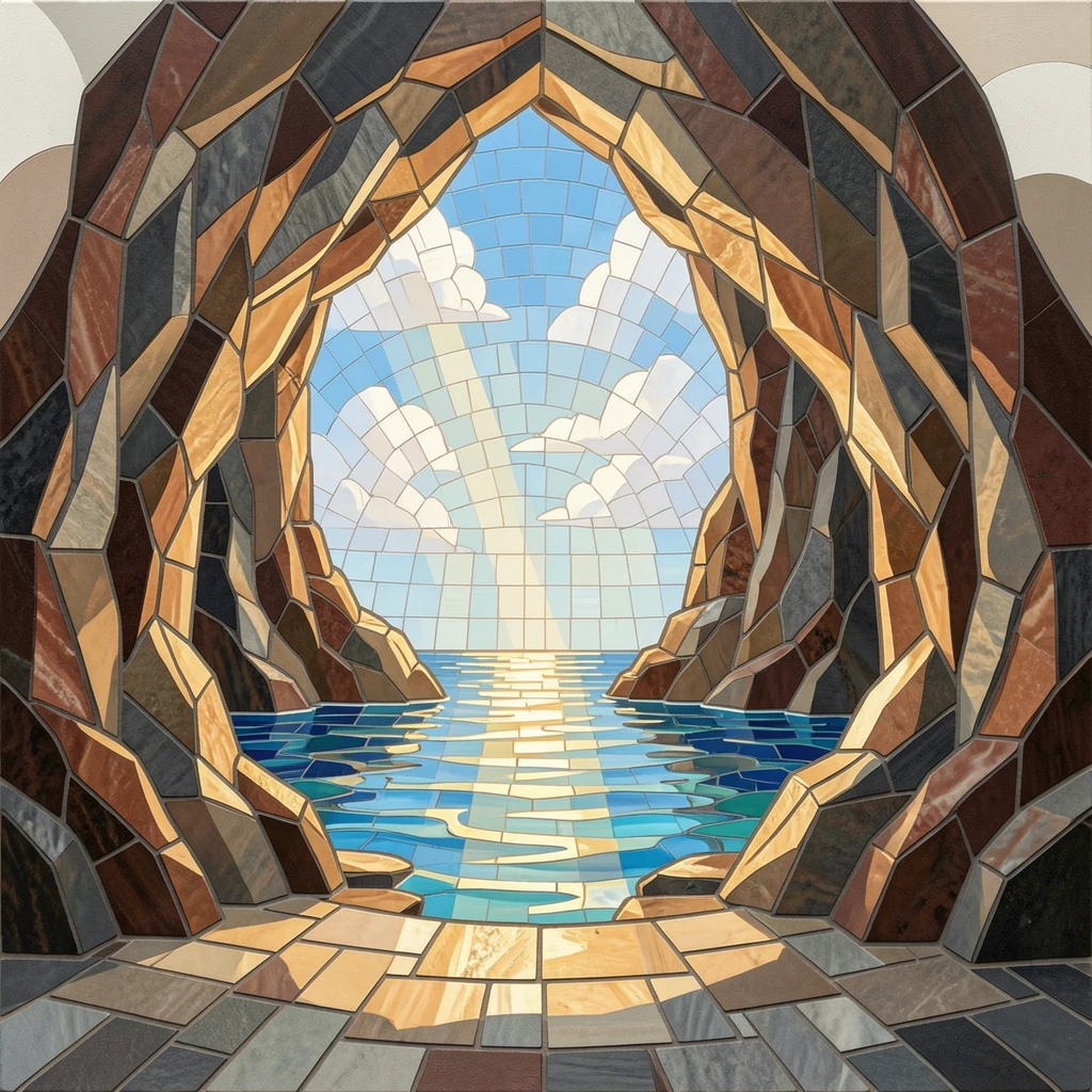 A dramatic sea cave with light streaming through a natural rock arch.