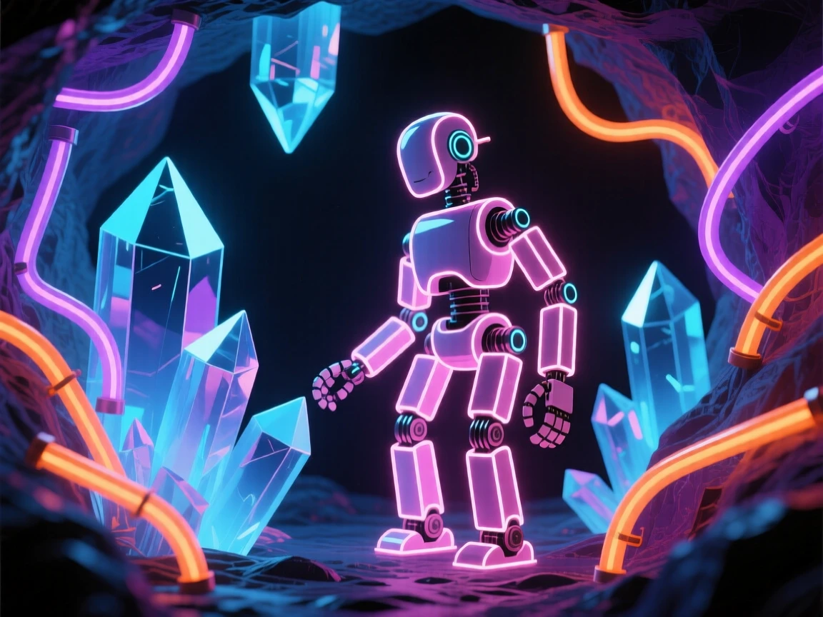 A detailed close-up view of a robotic companion exploring a crystal cave on a distant planet.