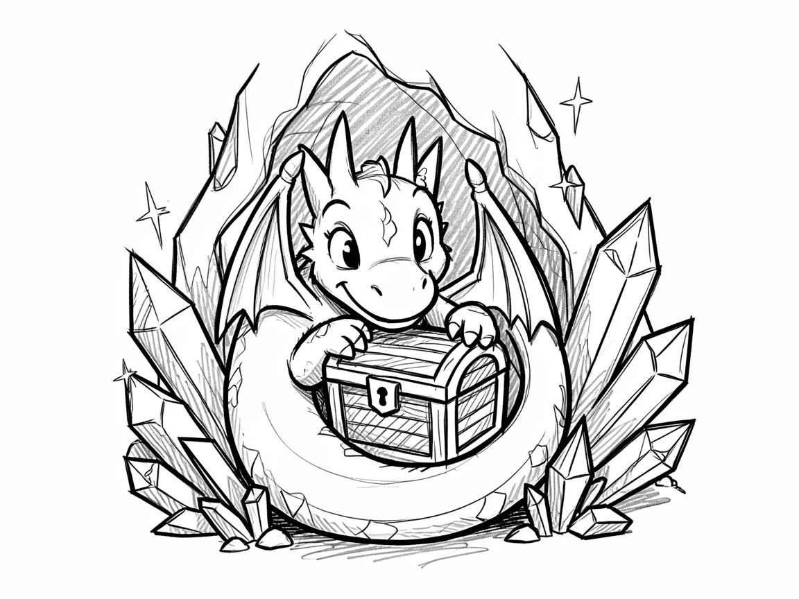 A small friendly dragon curled around a treasure chest in a cave filled with crystals.