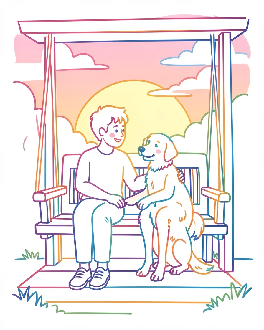 A person and their dog watching the sunset together from a porch swing.