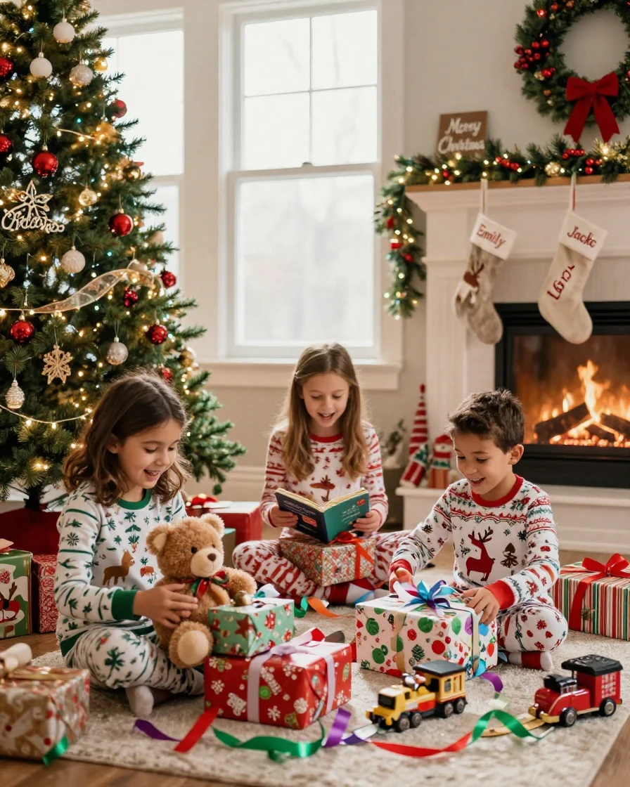 Children opening presents on Christmas morning