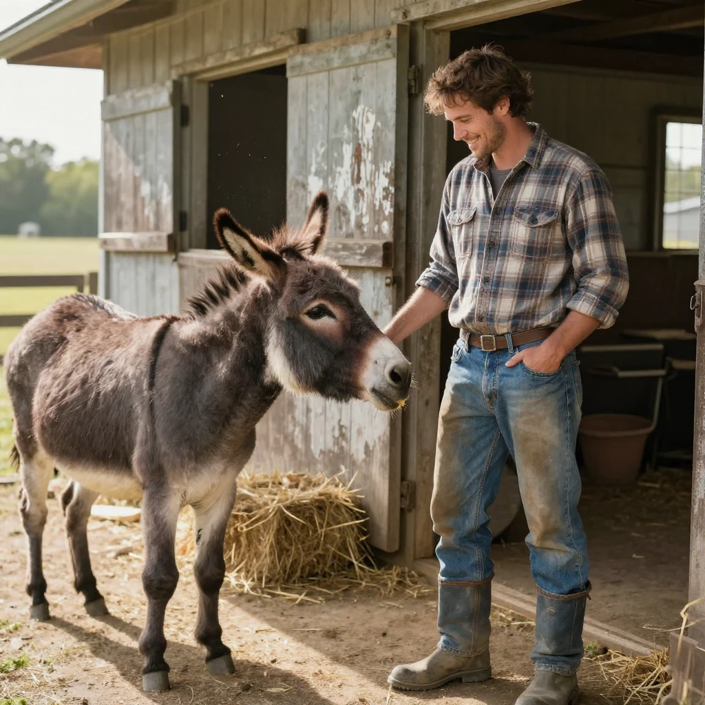 A donkey nudges a farmer's pocket looking for a treat at a rustic rural stable.