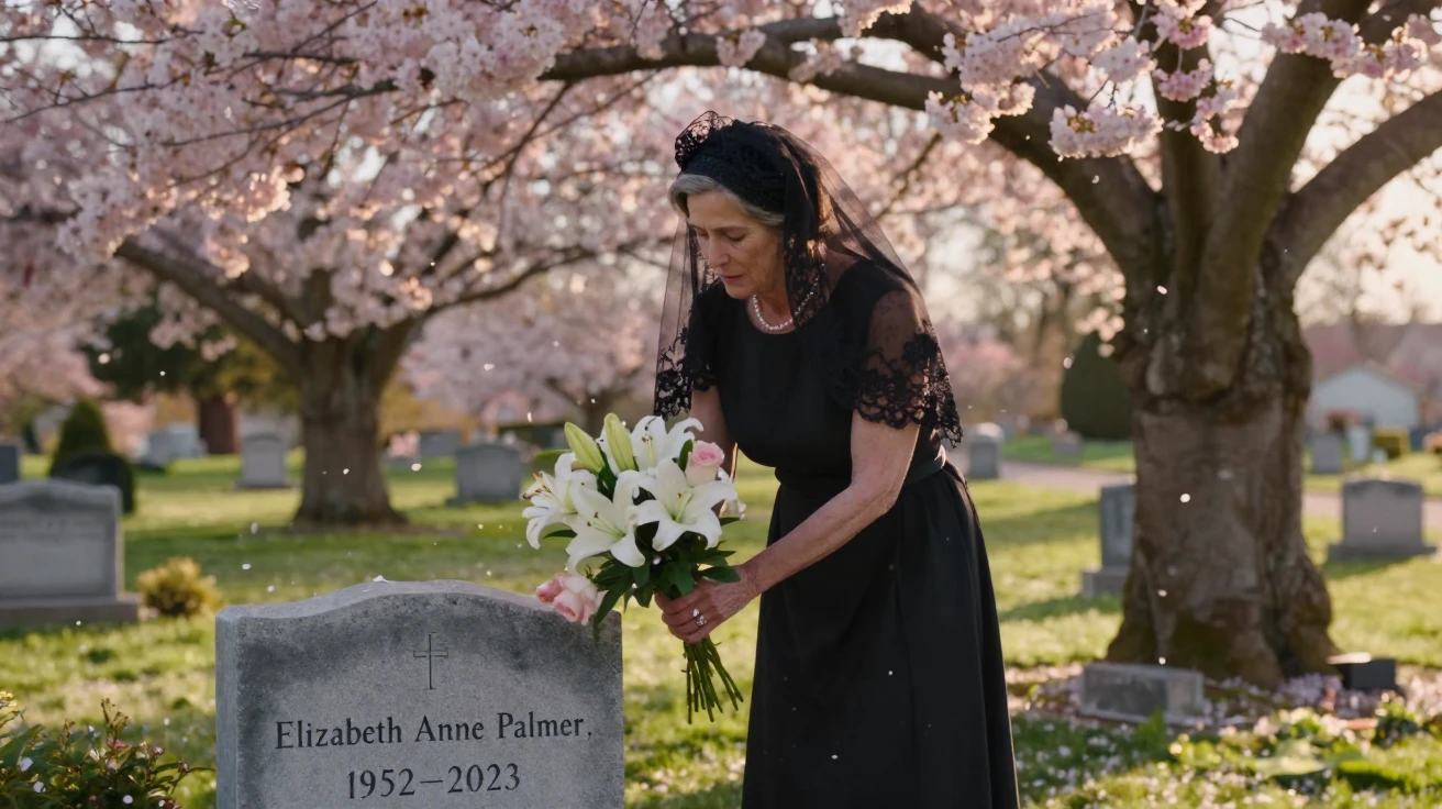 A widow placing flowers gently on a grave beneath a blossoming cherry tree