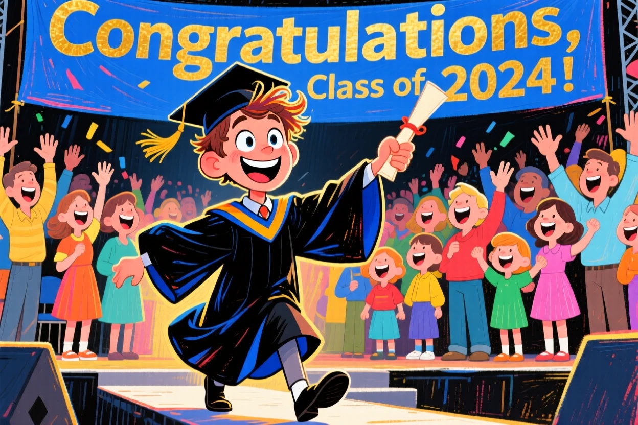 A young man crossing the stage to receive his diploma, family cheering from the crowd.