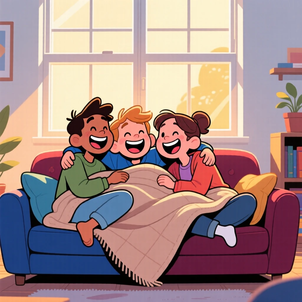 A heartwarming scene of roommates turned best friends piled onto one couch watching a movie under a shared blanket, as golden sunlight streams through the window.