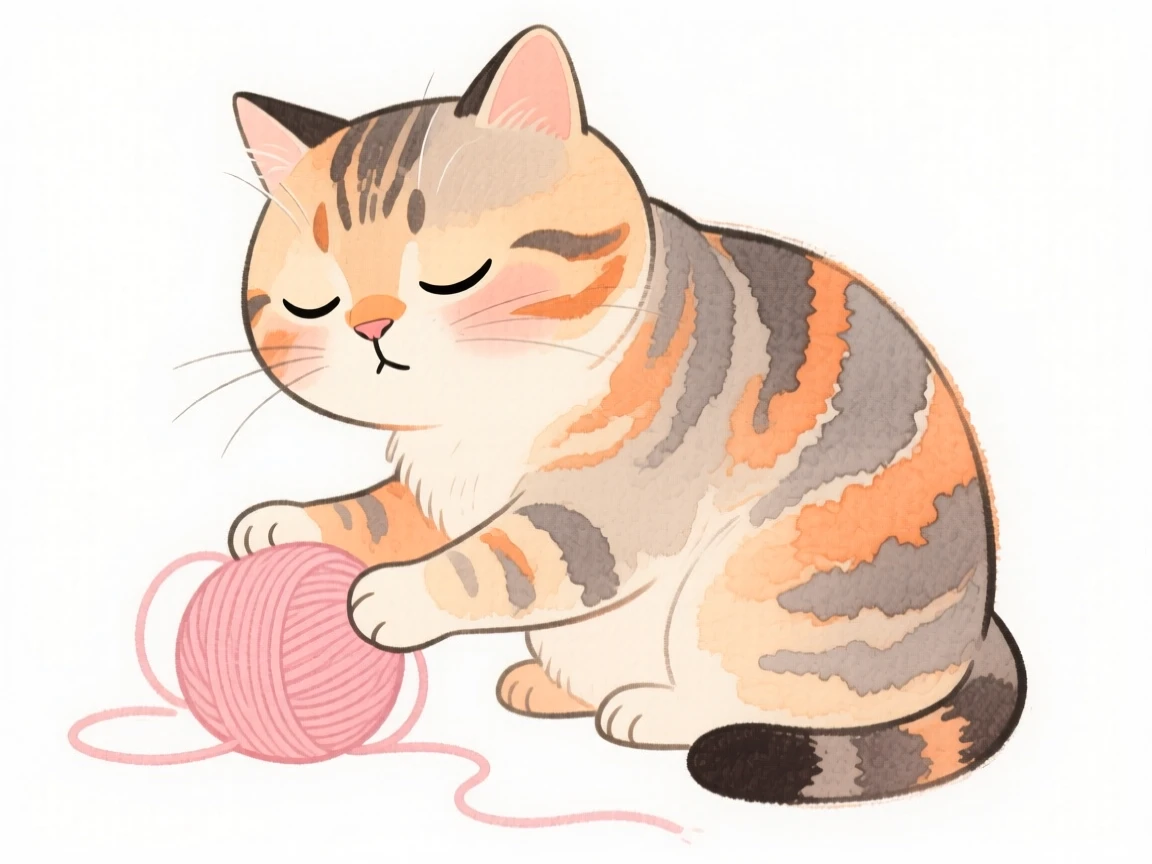 A sleepy tabby cat playing with a ball of yarn