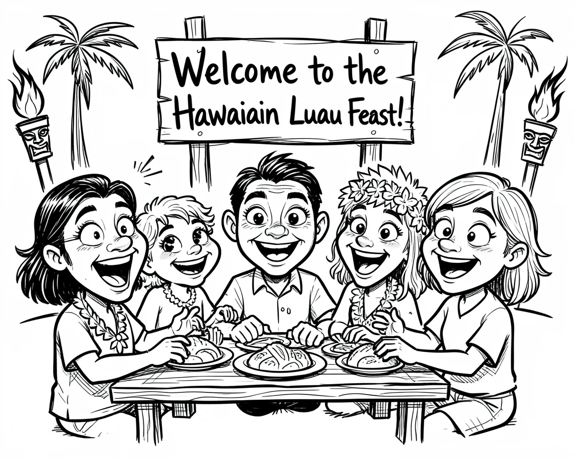 [Travel & Cultural Experiences] Vivid travel scene of a family enjoying a traditional feast at a Hawaiian luau, full of wonder and adventure