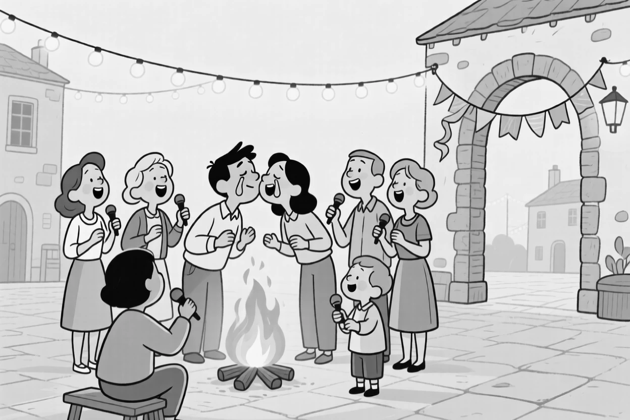 A group singing together around a bonfire, leaning in for a joyful, tearful kiss, set in a village square lit by string lights. Paper streamers flutter from a nearby archway. It captures the warmth of celebration shared across generations.