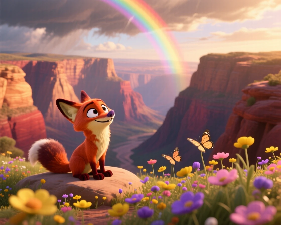 A canyon carved by centuries of wind glows while a rainbow arcs faintly overhead after a storm, with wildflowers scattered across the foreground. A deep sense of peace and quiet awe fills the scene.