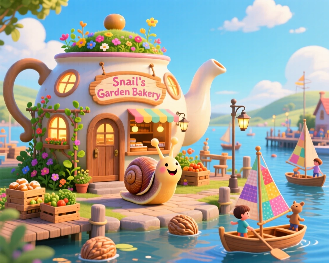A snail carrying its own garden delights in running a bakery inside a giant teapot, tucked within a bustling harbor for walnut-shell boats, while a warm glow radiates from every window.