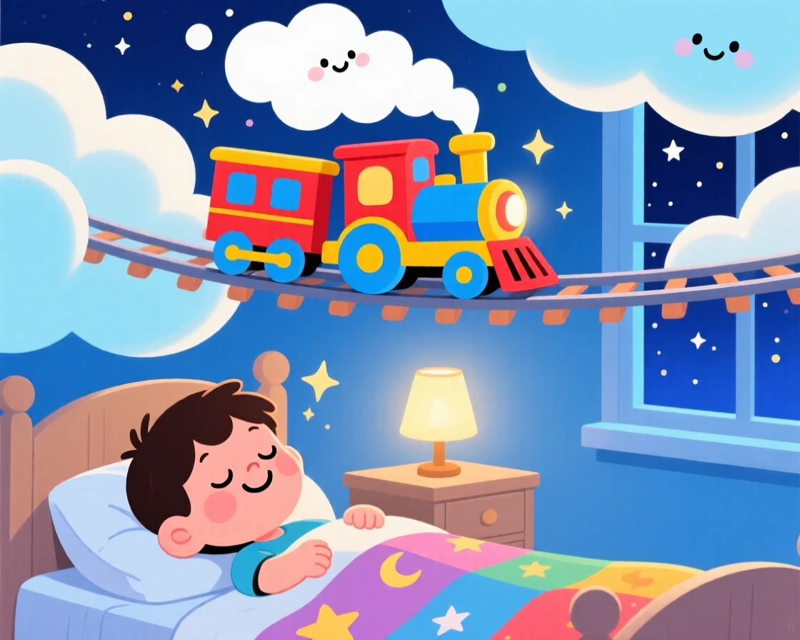 A kid dreaming of a train that travels between the clouds.