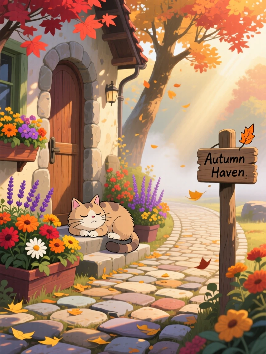 A cobblestone street lined with flower boxes, with a cat dozing on a warm doorstep, on a crisp autumn morning.