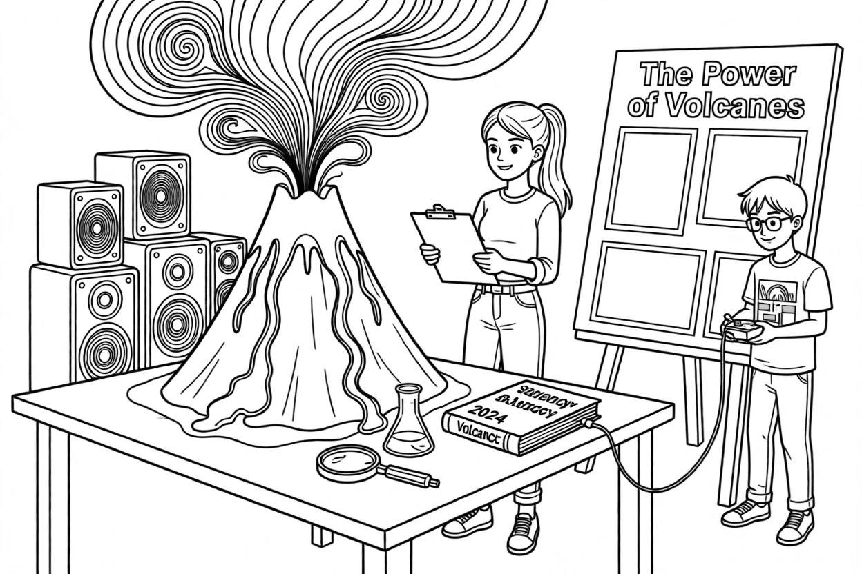 A science fair project display with a glowing volcano model, with amplifiers stacked in the background.