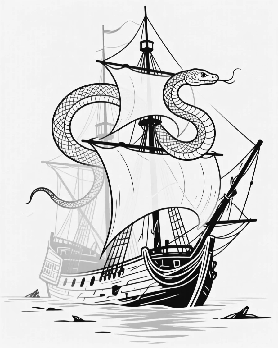 A sea serpent coiling around a ghostly shipwreck