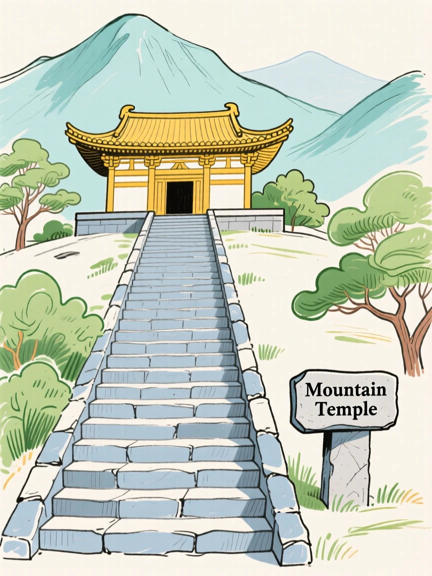 A mountain temple accessed by a long stone stairway.