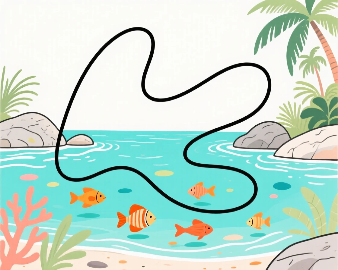 A tropical lagoon with vibrant fish visible beneath crystal clear water.