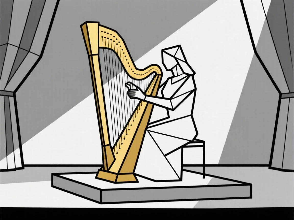 A harpist playing a golden harp on a stage