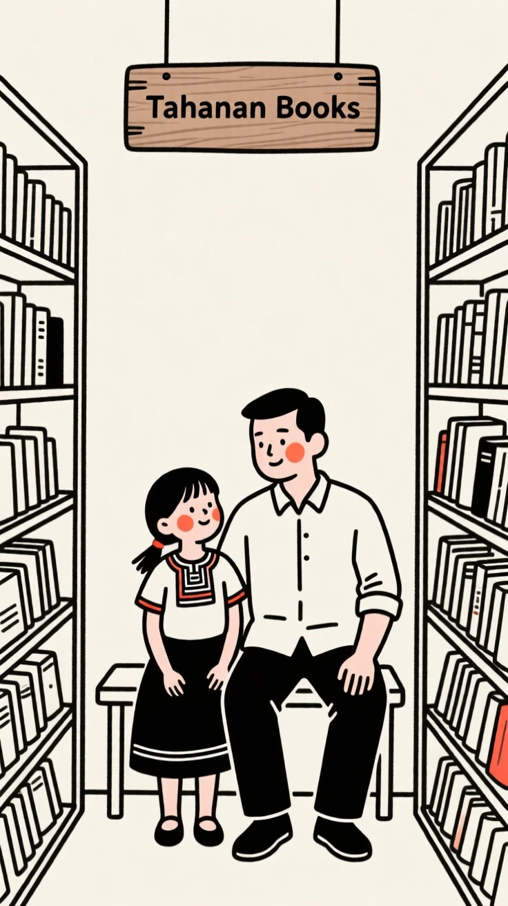 A father and daughter of Filipino heritage, looking serene and at peace, inside a vintage bookstore.