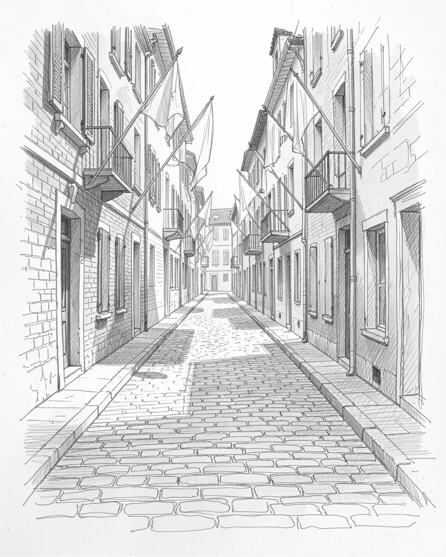 Sweeping architectural view of a narrow cobblestone street lined with old townhouses, bathed in warm afternoon light, with flags gently fluttering in the breeze.