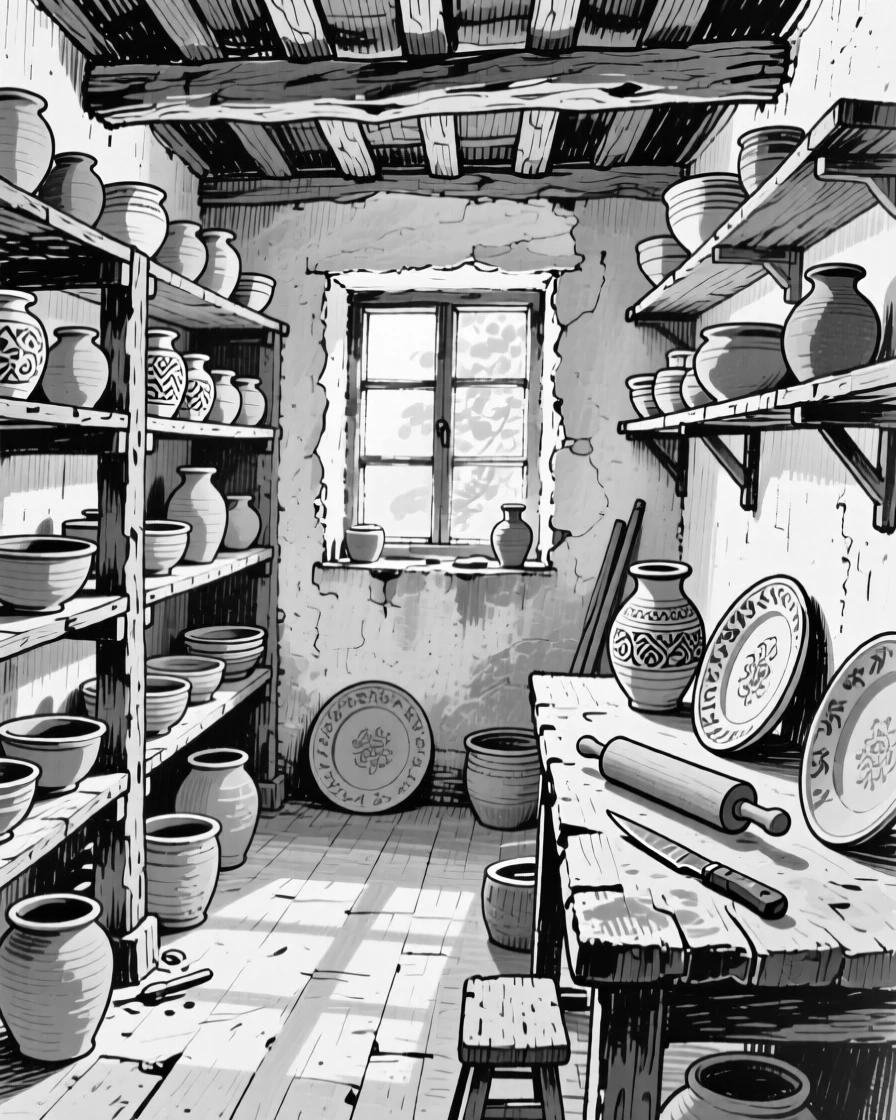 A rustic pottery studio with shelves of finished ceramics drying in the sun.