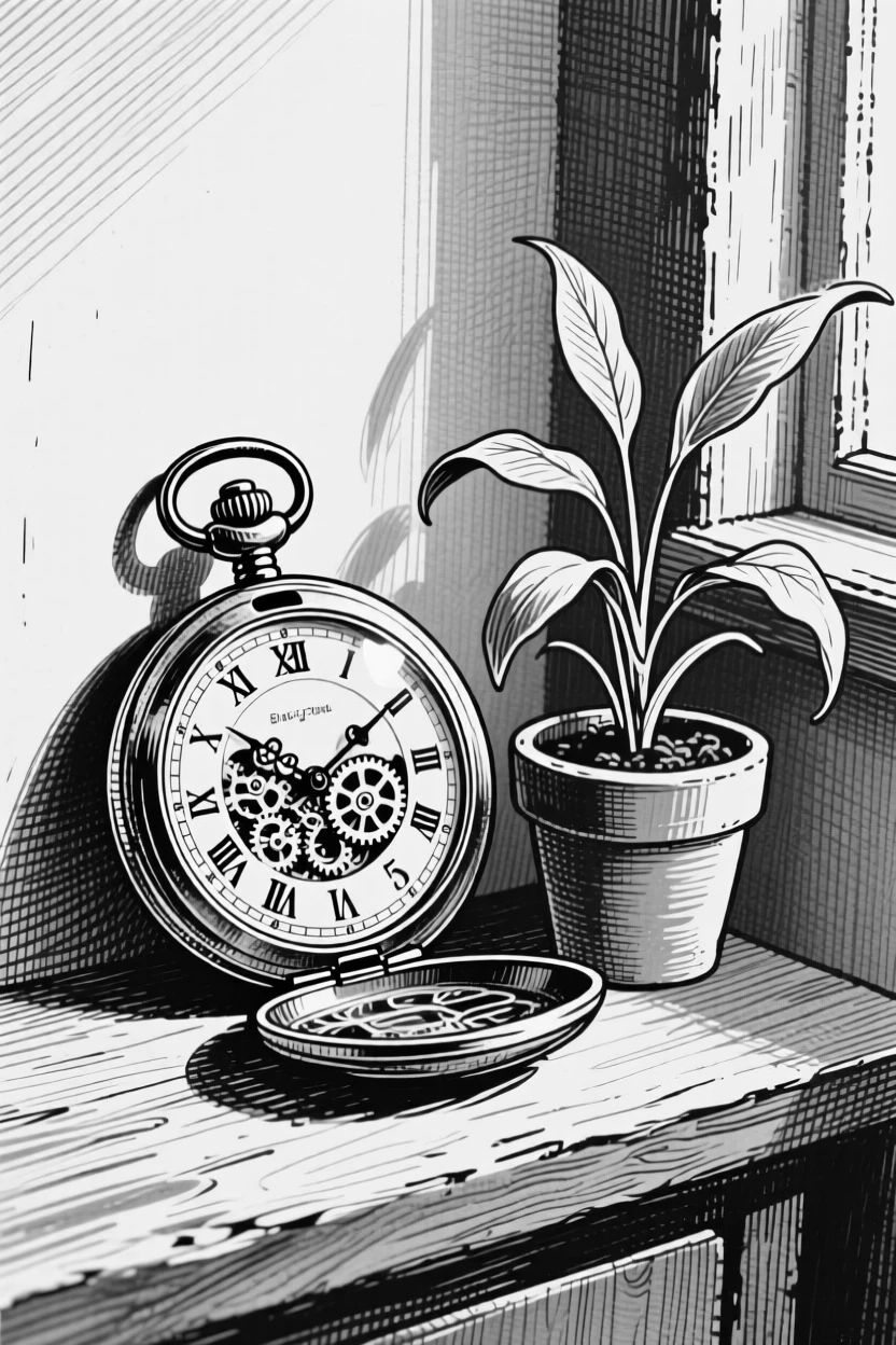 An antique pocket watch tucked into the corner of a cozy room, with a small potted plant nearby, forming an elegantly simple still-life study.