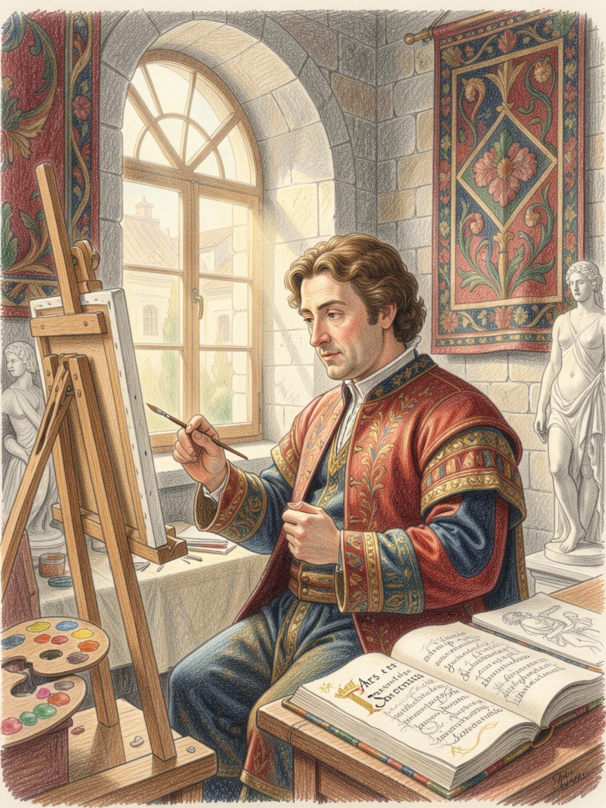 A Renaissance-era painter working in a sunlit stone studio, filled with vibrant, culturally rich visual elements, full of cultural pride and historical wonder.