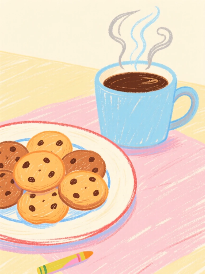 A plate of warm cookies placed beside a steaming cup of coffee.