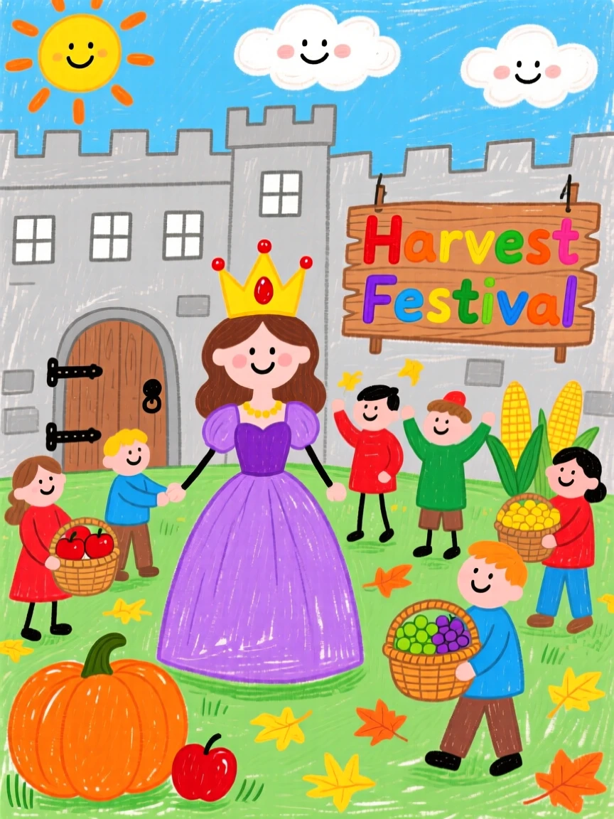 A queen and her subjects celebrating a harvest festival in the castle courtyard.