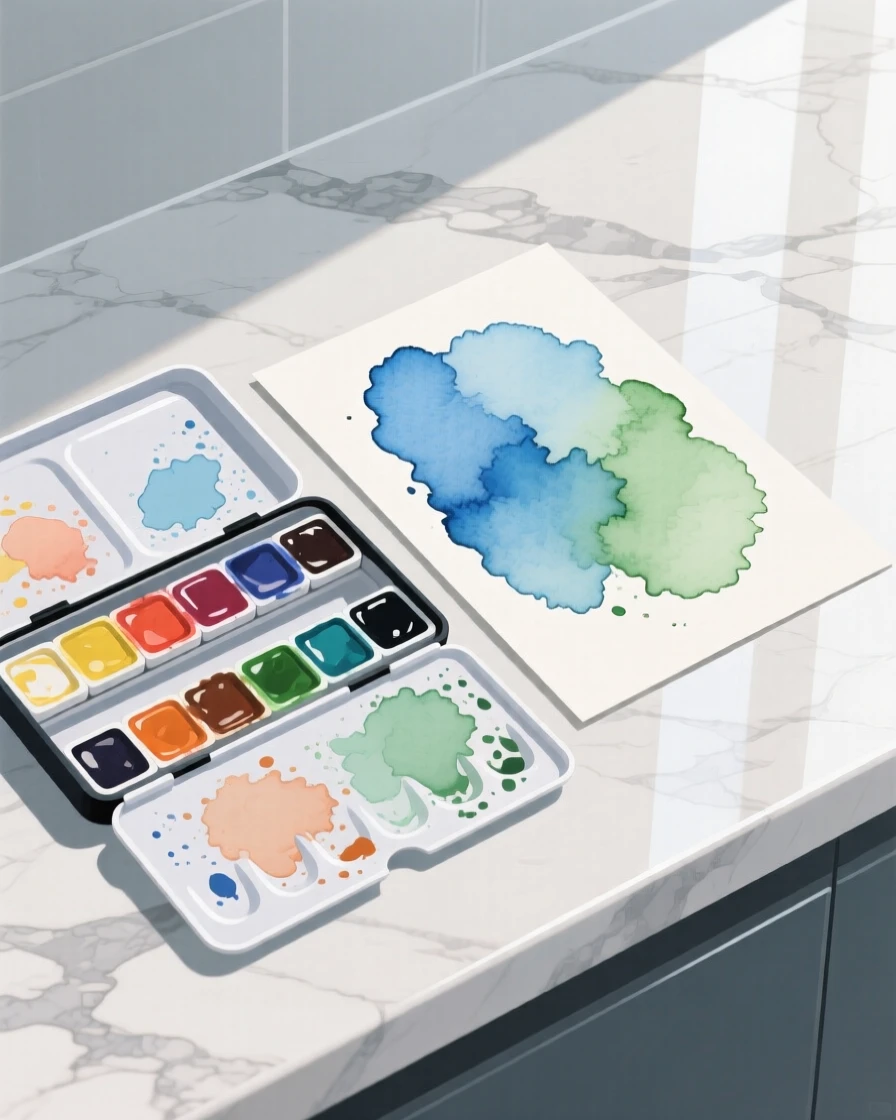 A set of watercolor paints beside a half-finished painting, placed on a smooth marble countertop, composed with gentle negative space around the object, with a clean, elegant simplicity.
