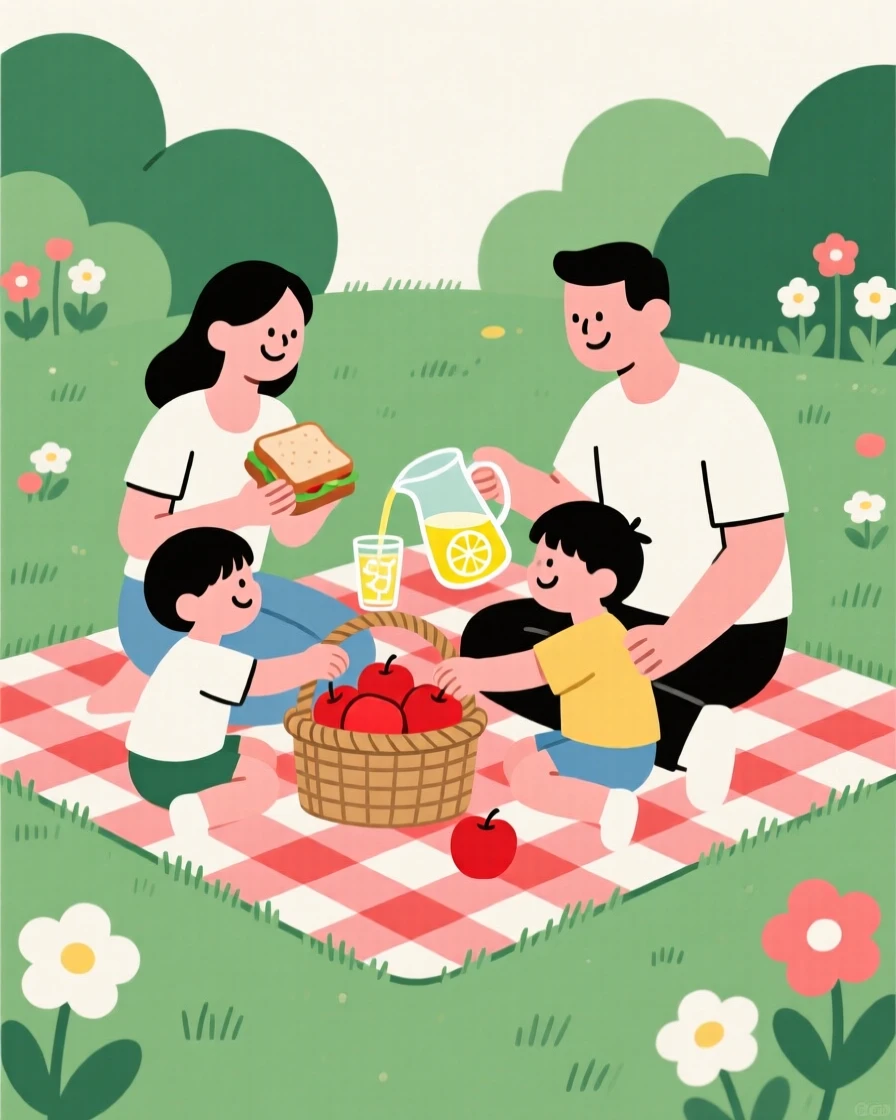 A family having a picnic together in the garden.