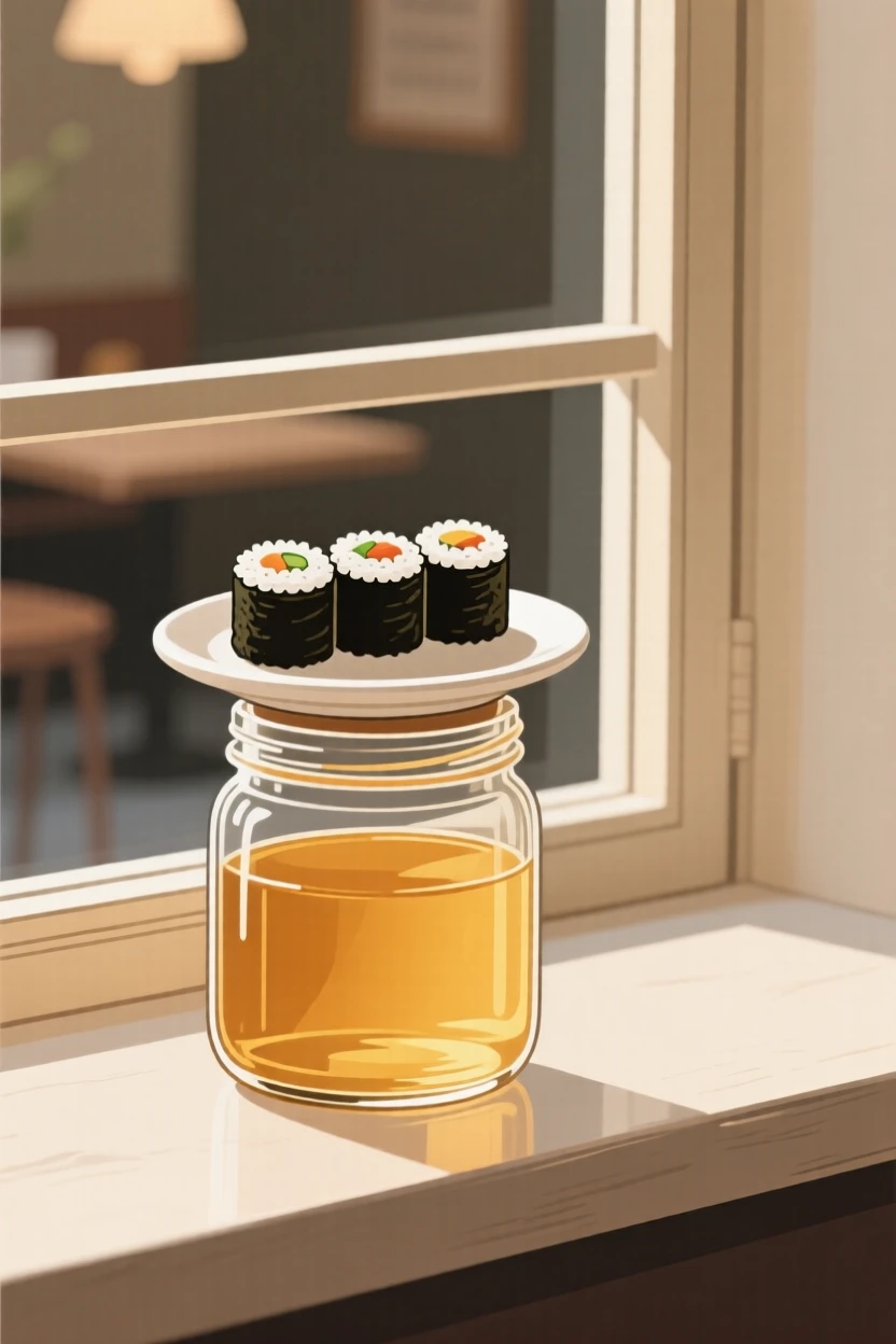 A freshly prepared plate of sushi rolls served on a glass jar of honey, set in a café windowsill, inviting festive celebration.