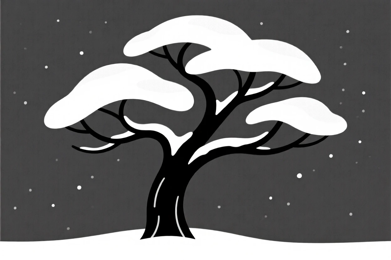 A snow-dusted tree in winter stillness.