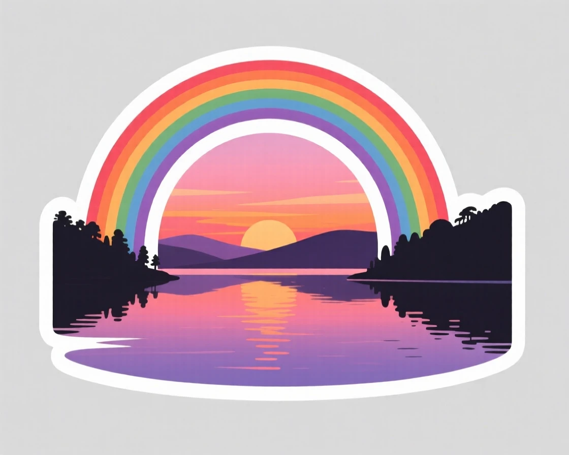 A peaceful tranquil lake reflecting the sunset, framed by a gentle rainbow, on a peaceful weekend getaway.