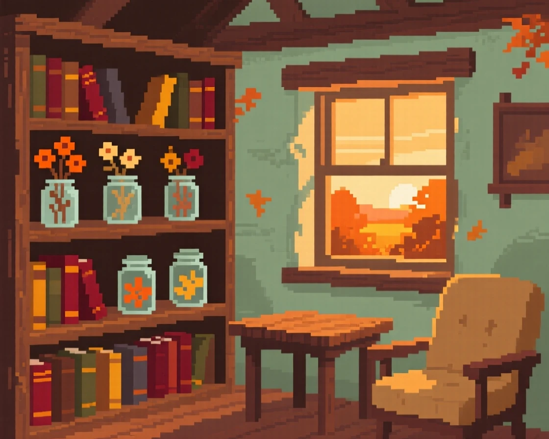 A cozy library alcove decorated with dried flowers in glass jars, in a countryside cottage during autumn.