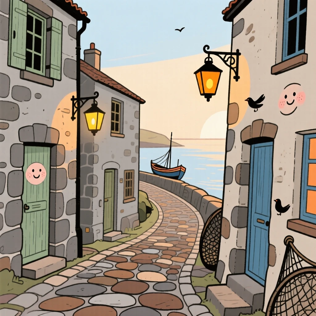 A narrow winding street winds through a small coastal fishing village lined with stone cottages and hanging lanterns, quiet in the early morning light.