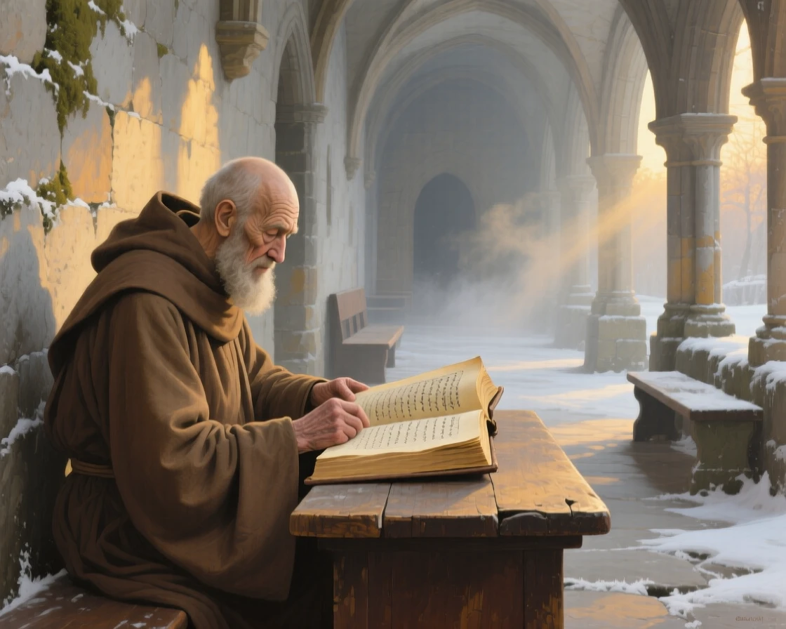 A medium shot of an old monk reading scripture in a sunlit stone cloister, in the quiet stillness of midwinter, just after sunrise.