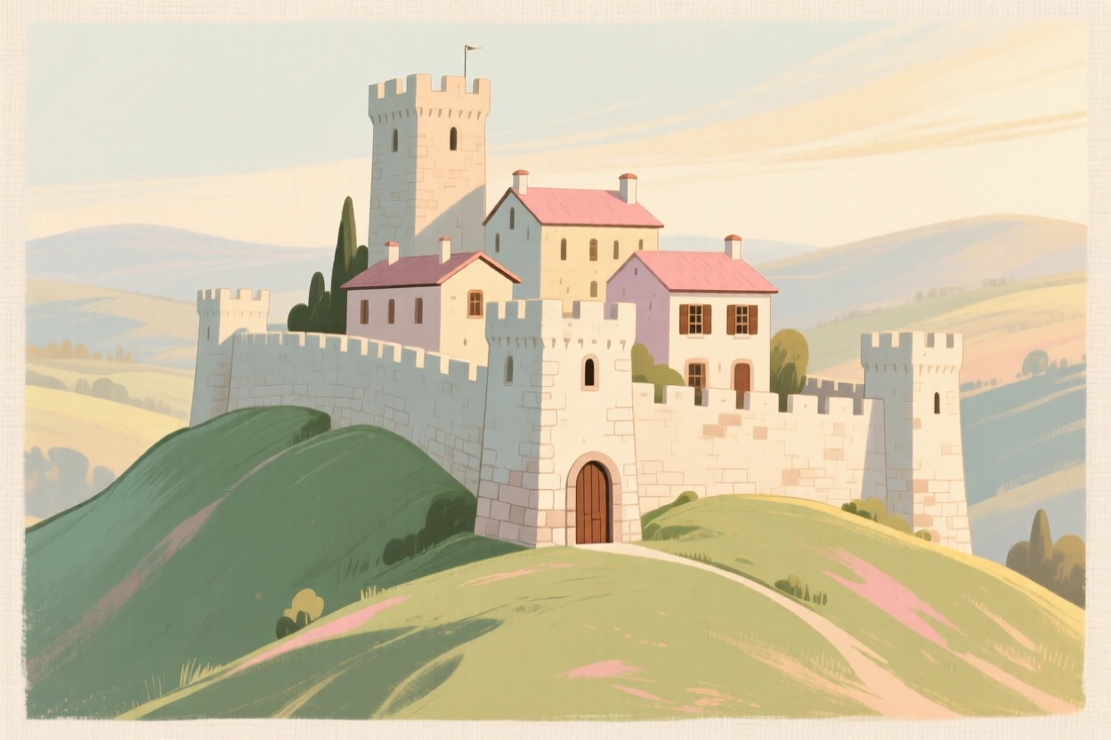 A fortified hilltop town with stone walls and watchtowers